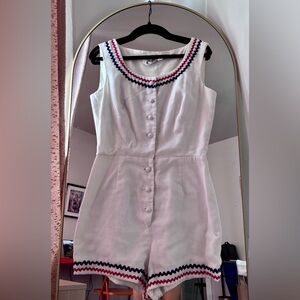 White Sleeveless Romper with Navy & Red Trim